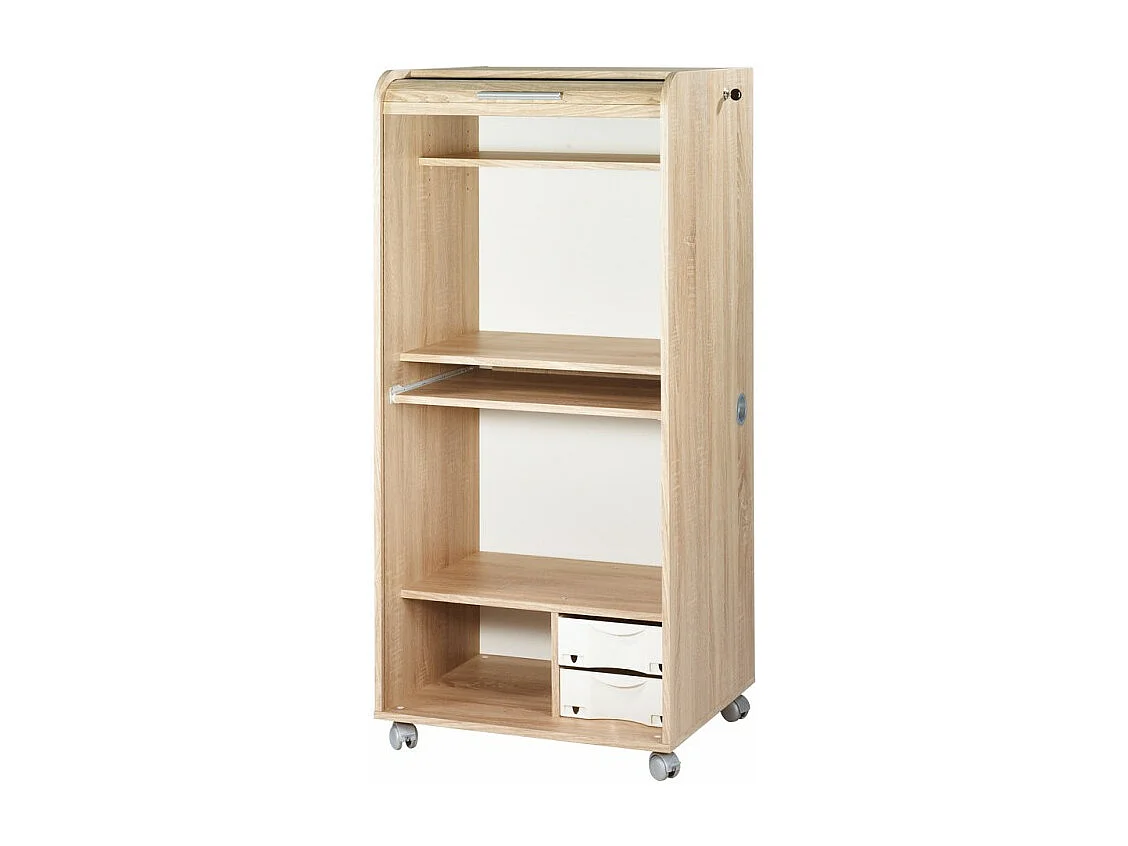 Armoire Informatique Mobile Chêne 2 Tiroirs 5 Niches L 65.2 H 139.9 P 53.1 cm - Coloris: Chêne Naturel