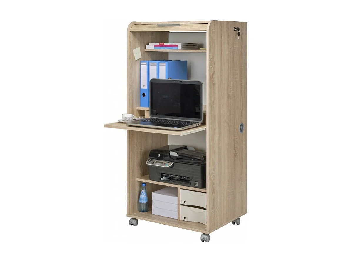 Armoire Informatique Mobile Chêne 2 Tiroirs 5 Niches L 65.2 H 139.9 P 53.1 cm - Coloris: Chêne Naturel