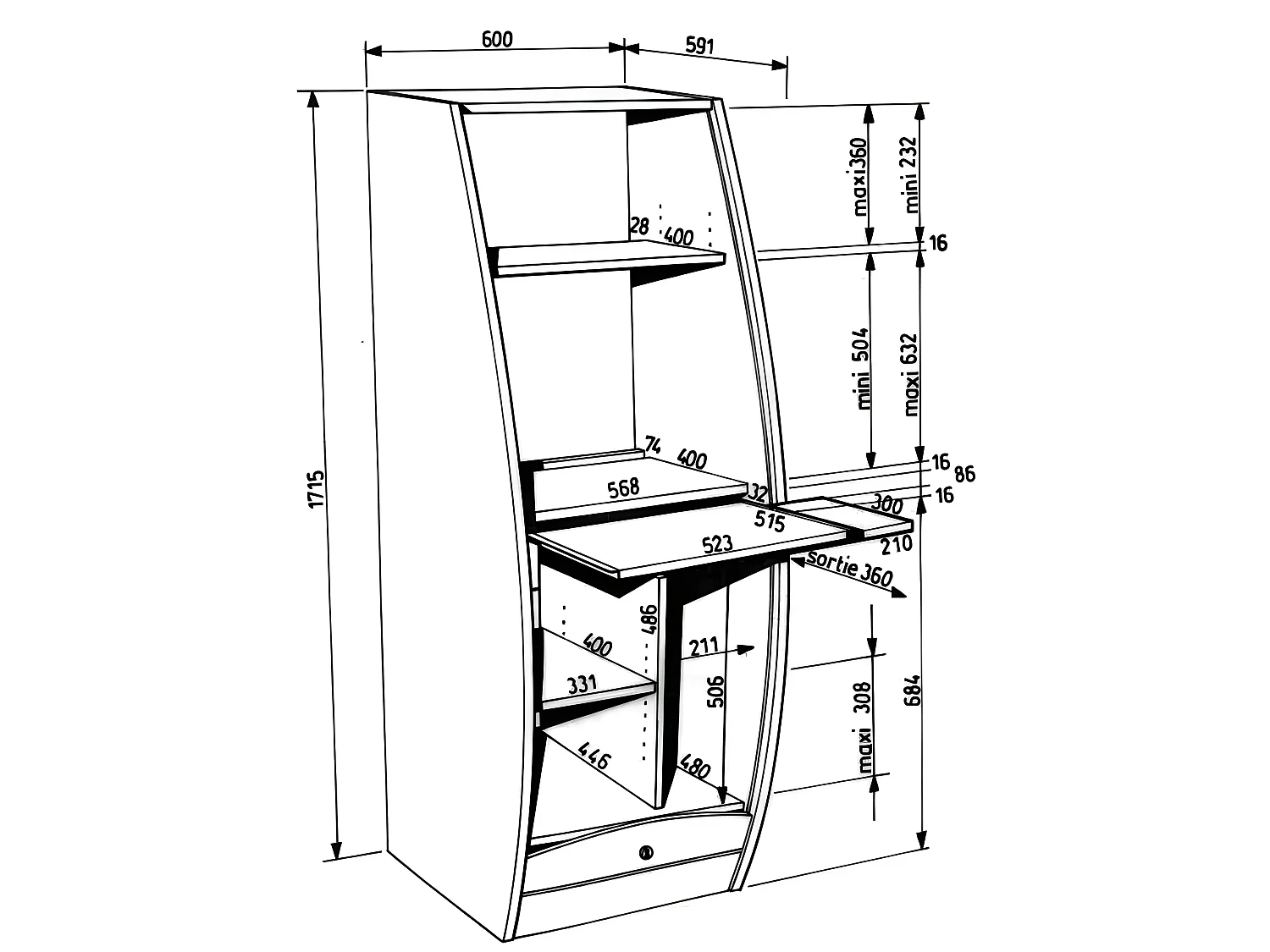 Armoire Informatique Galbée Largeur 60 cm 5 Niches - Coloris: Blanc