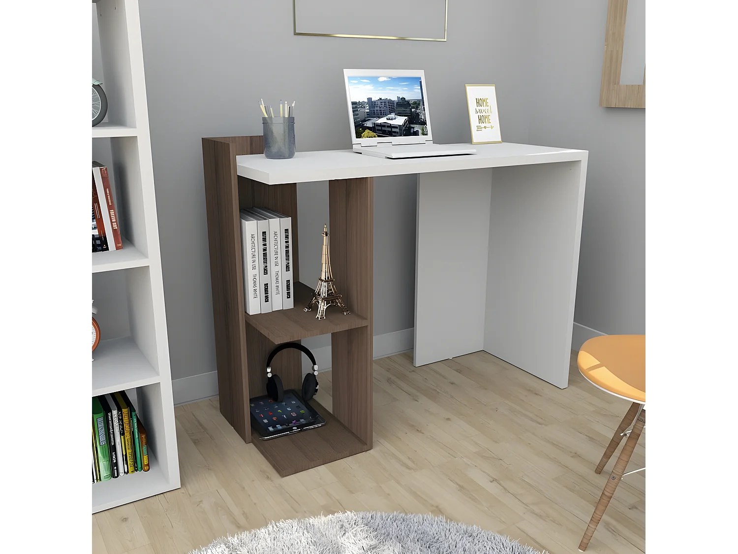 Bureau 102 cm Blanc et 1 Caisson Noyer