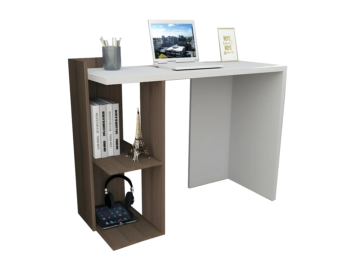 Bureau 102 cm Blanc et 1 Caisson Noyer