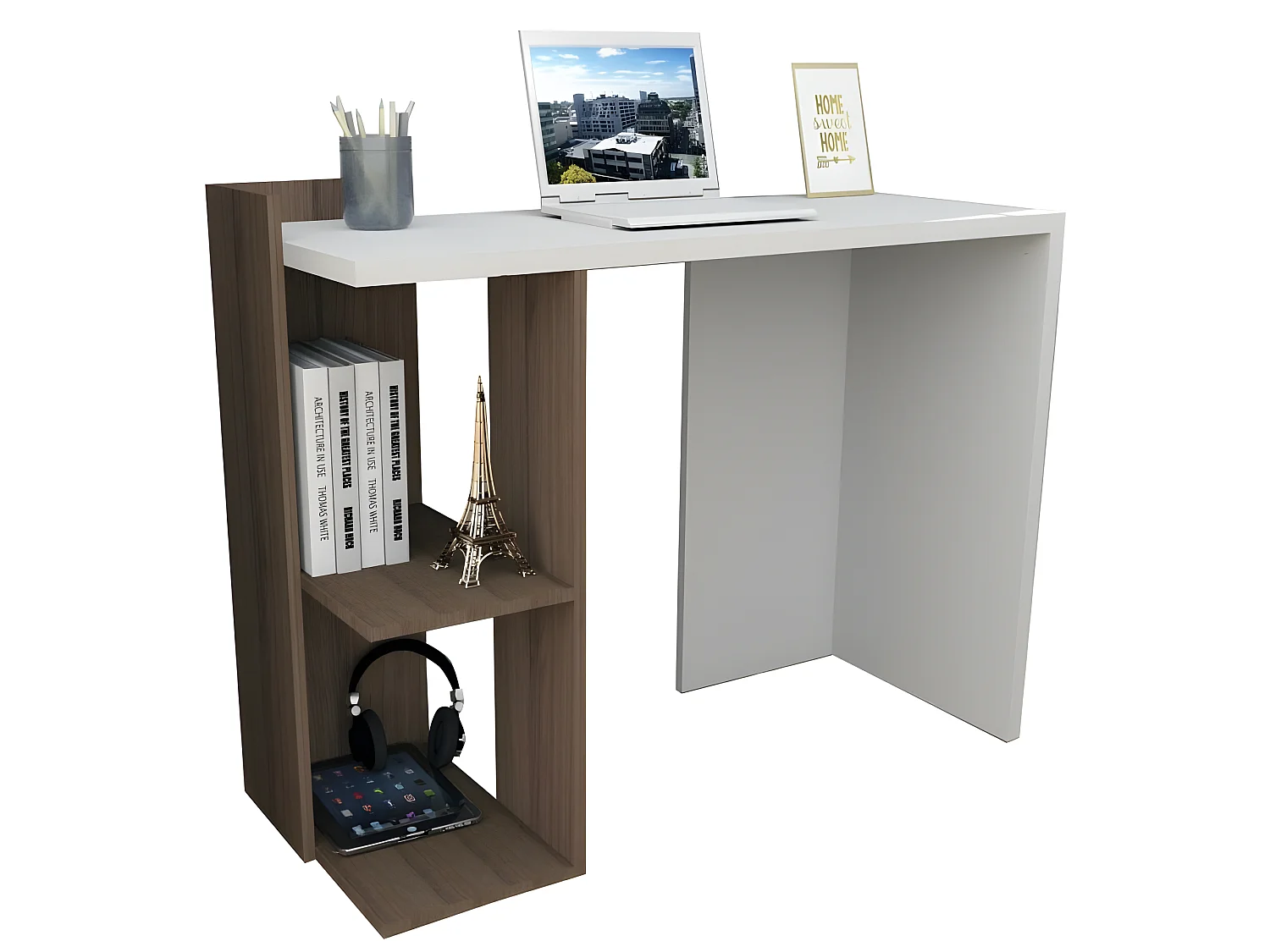 Bureau 102 cm Blanc et 1 Caisson Noyer