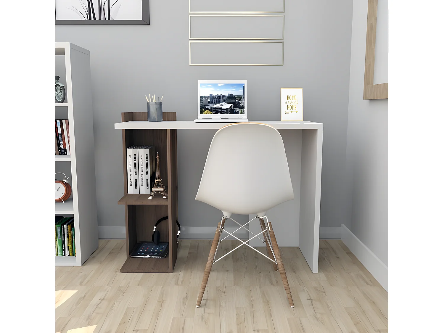 Bureau 102 cm Blanc et 1 Caisson Noyer