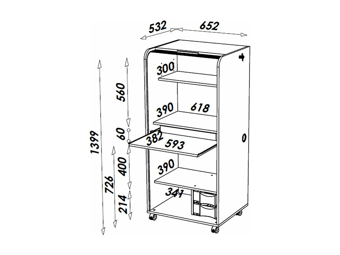 Armoire Informatique Mobile Noire 2 Tiroirs 5 Niches - Coloris: Bambous 912