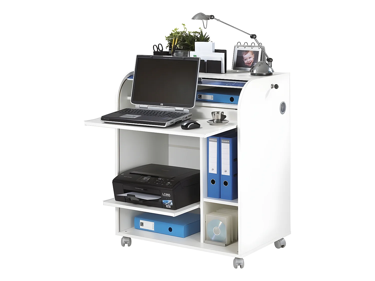 Bureau Informatique Blanc à Roulettes 5 Niches L 79.2 H 93.8 P 53.2 cm - Coloris: Fée 217