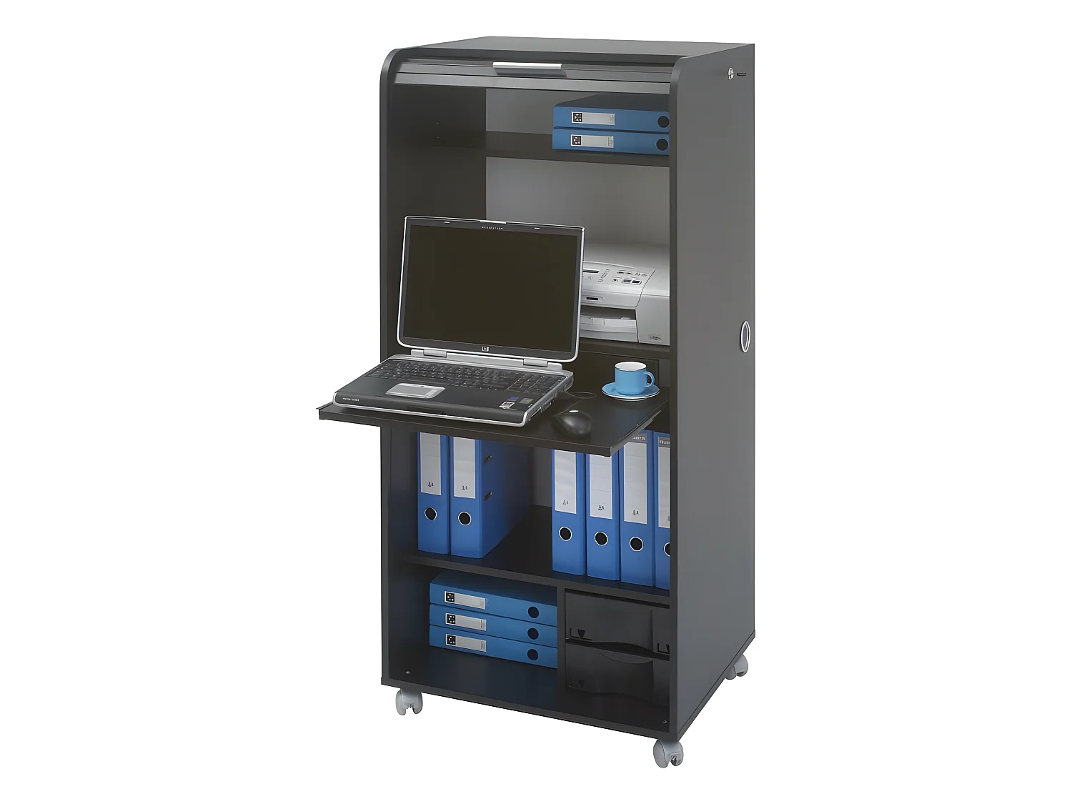 Armoire Informatique Mobile Noire 2 Tiroirs 5 Niches - Coloris: Noir