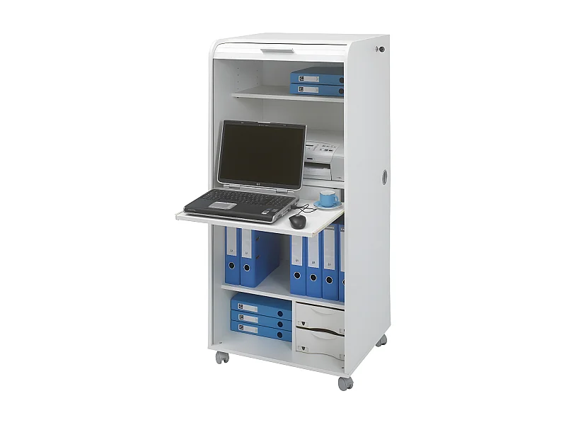 Armoire Informatique Blanche à Roulettes 2 Tiroirs L 65.2 H 139.9 P 53.1 cm - Coloris: Blanc