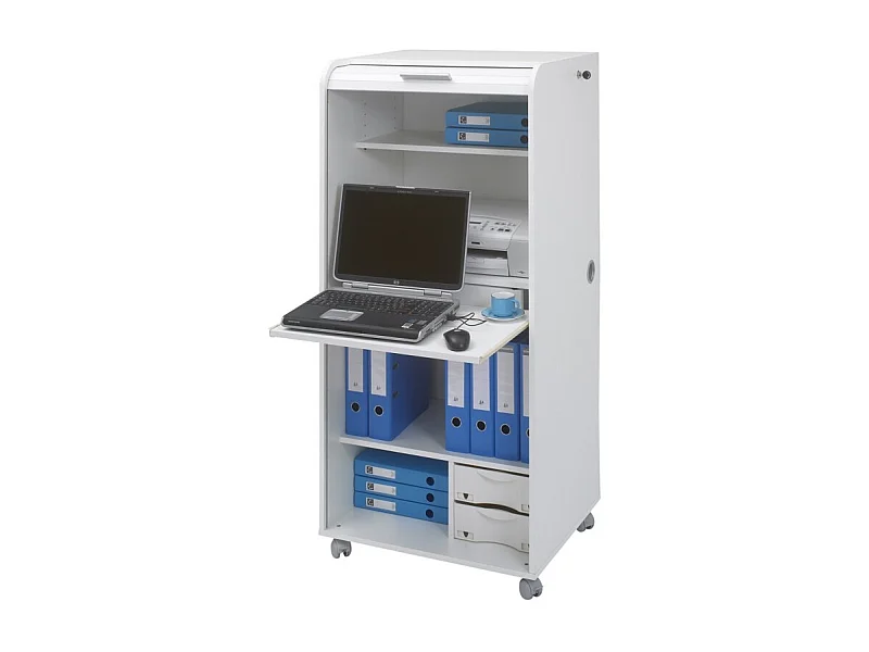 Armoire Informatique Blanche à Roulettes 2 Tiroirs L 65.2 H 139.9 P 53.1 cm - Coloris: Blanc