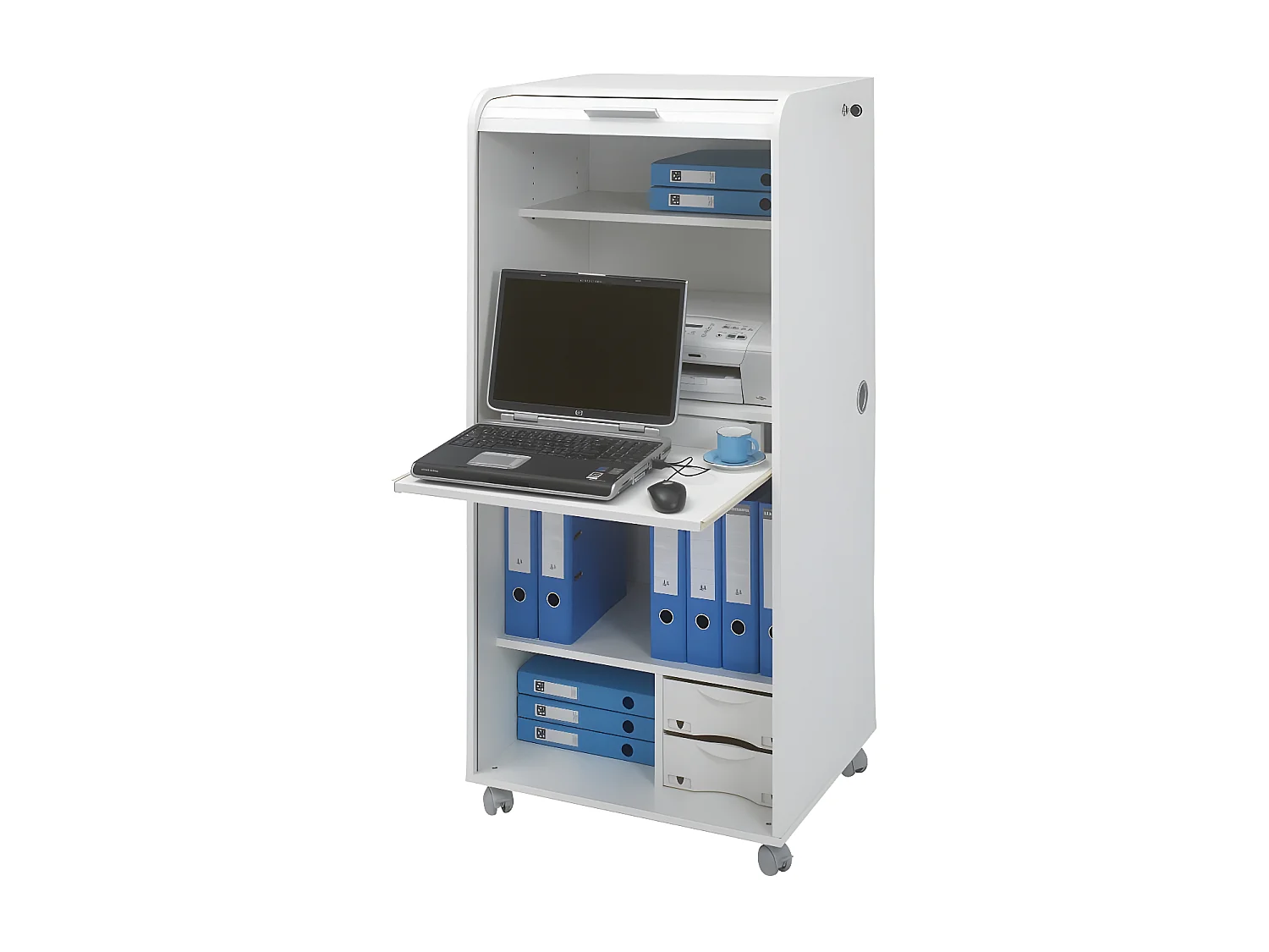Armoire Informatique Blanche à Roulettes 2 Tiroirs L 65.2 H 139.9 P 53.1 cm - Coloris: Blanc