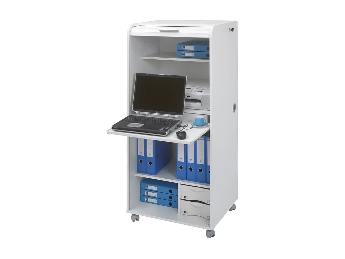 Armoire Informatique Blanche à Roulettes 2 Tiroirs L 65.2 H 139.9 P 53.1 cm - Coloris: Blanc