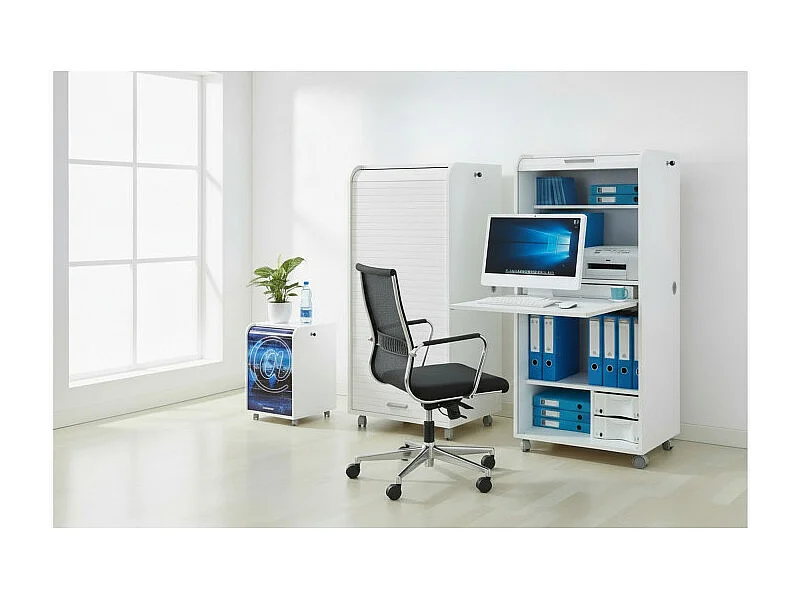 Armoire Informatique Blanche à Roulettes 2 Tiroirs L 65.2 H 139.9 P 53.1 cm - Coloris: Blanc