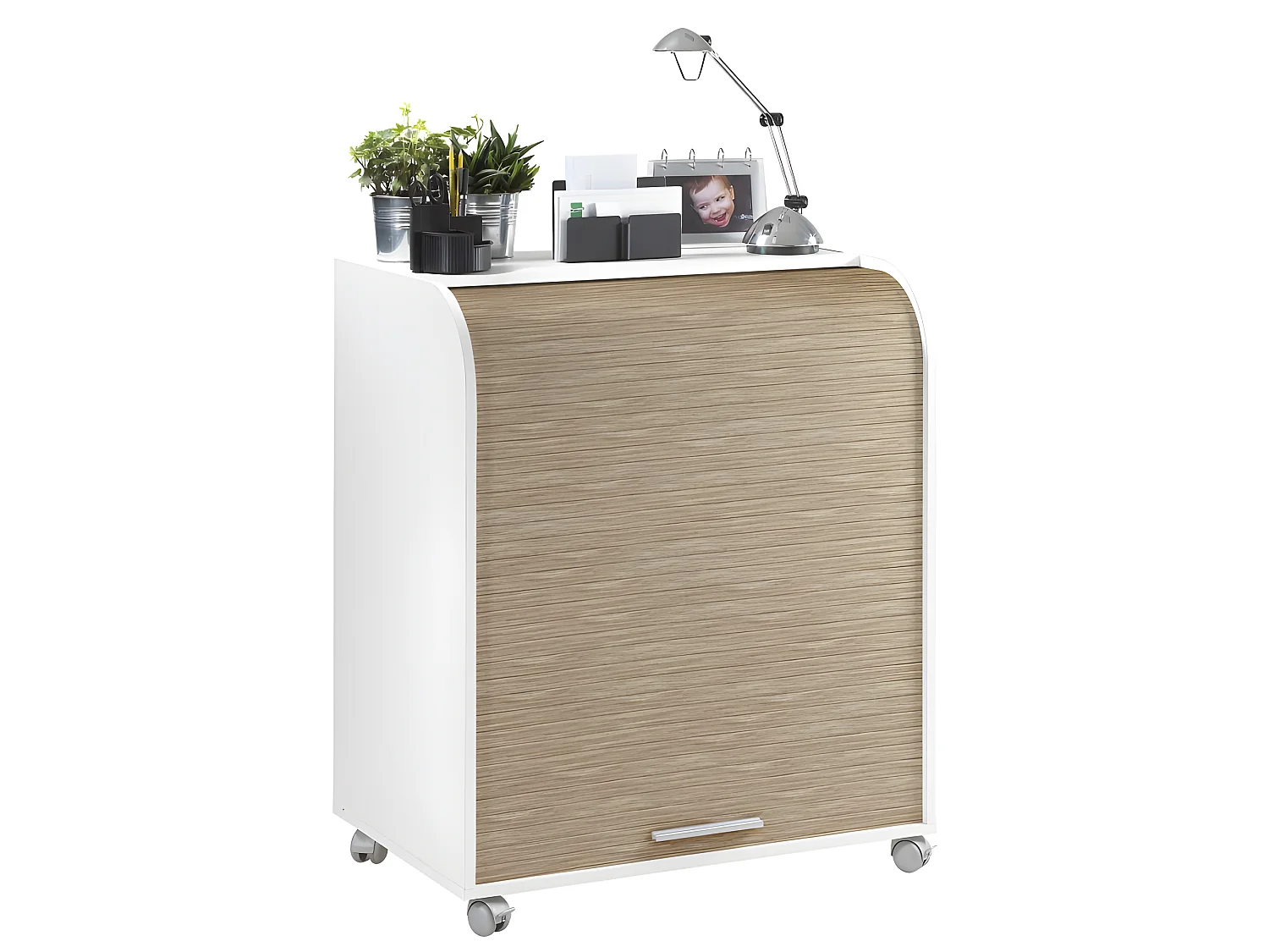 Bureau Informatique Blanc à Roulettes 5 Niches L 79.2 H 93.8 P 53.2 cm - Coloris: Chêne Naturel