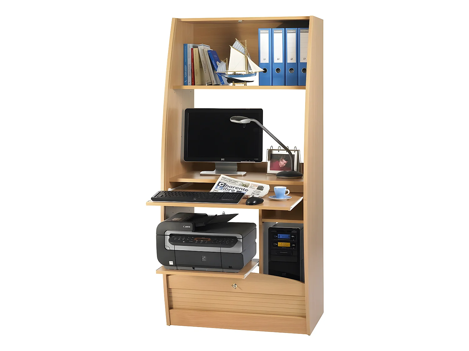 Armoire Informatique Galbée 6 Niches Serrure L 80.5 H 171.5 P 59.3 cm - Coloris: Hêtre