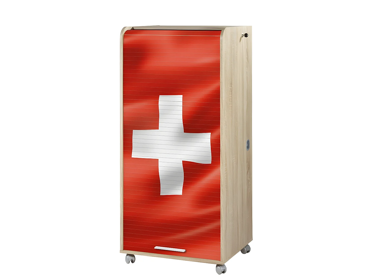 Armoire Informatique Mobile Chêne 2 Tiroirs 5 Niches L 65.2 H 139.9 P 53.1 cm - Coloris: Drapeau Suisse 650