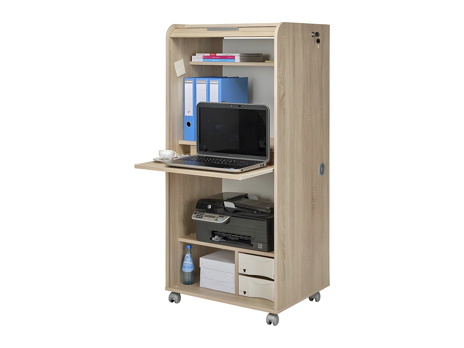 Armoire Informatique Mobile Chêne 2 Tiroirs 5 Niches L 65.2 H 139.9 P 53.1 cm - Coloris: Drapeau Suisse 650