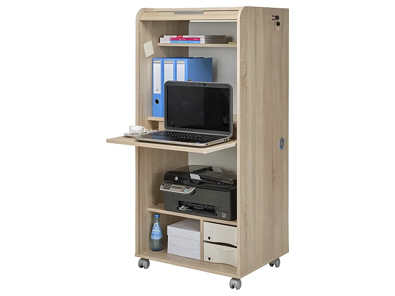 Armoire Informatique Mobile Chêne 2 Tiroirs 5 Niches L 65.2 H 139.9 P 53.1 cm - Coloris: Drapeau Suisse 650