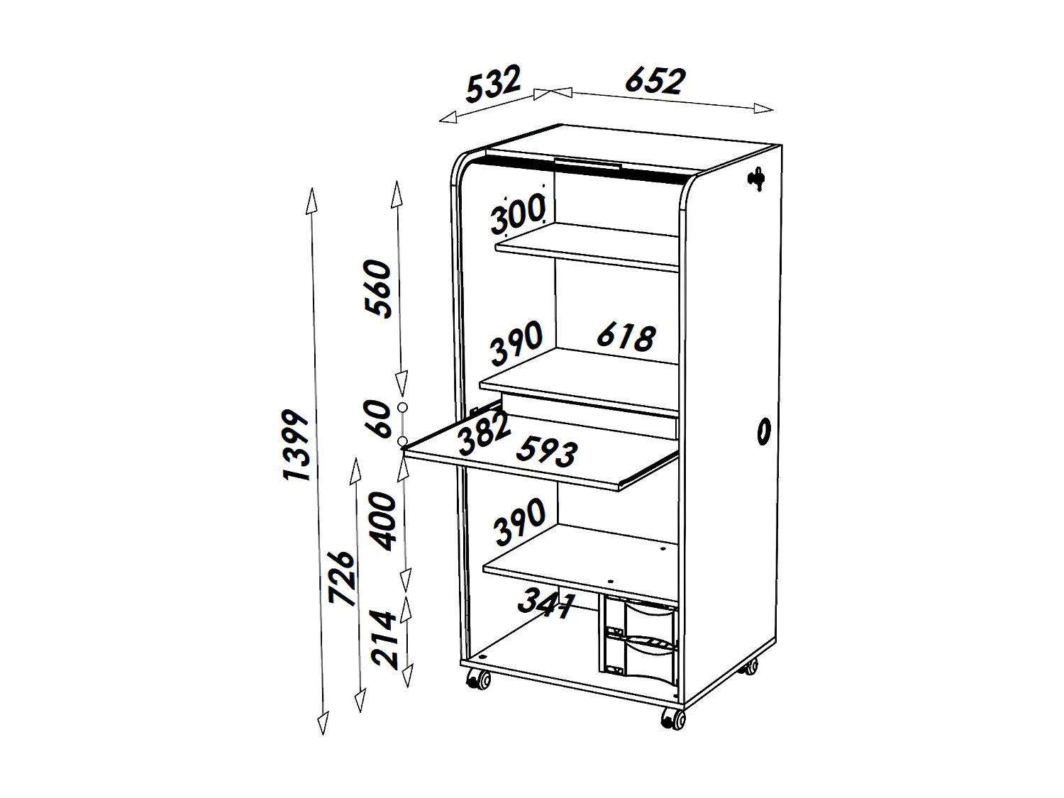 Armoire Informatique Blanche à Roulettes 2 Tiroirs L 65.2 H 139.9 P 53.1 cm - Coloris: Bambous 912