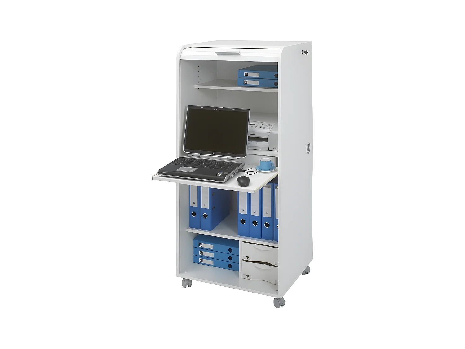 Armoire Informatique Blanche à Roulettes 2 Tiroirs L 65.2 H 139.9 P 53.1 cm - Coloris: Bambous 912