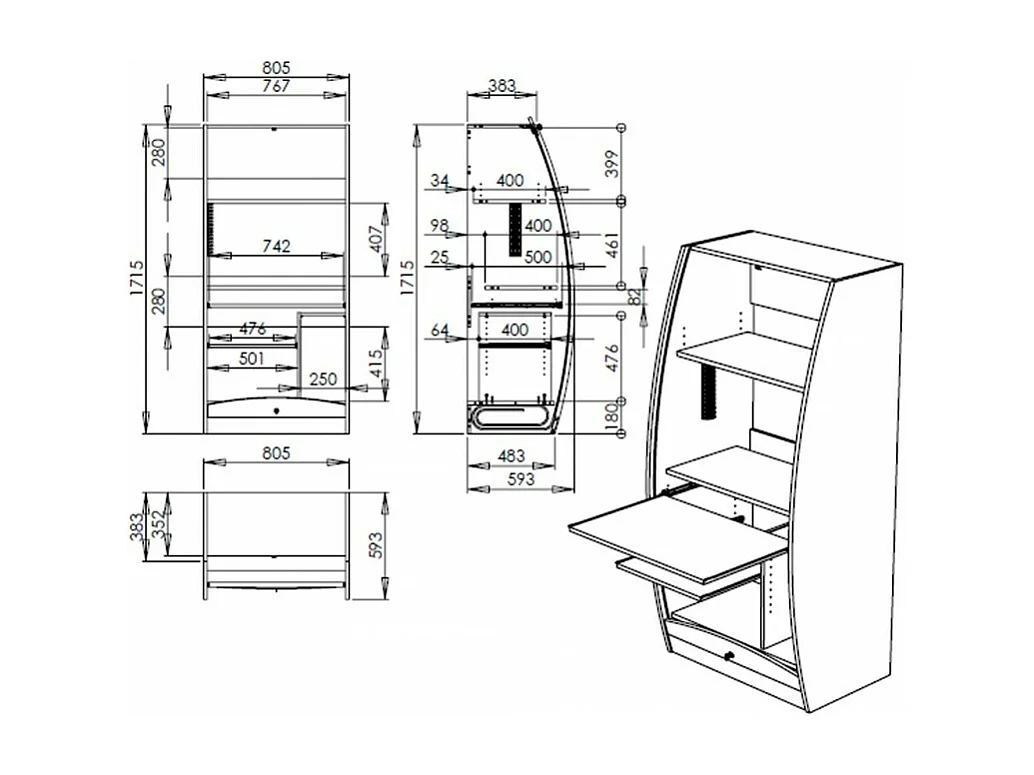 Armoire Informatique Galbée 80 cm Chêne 6 Niches