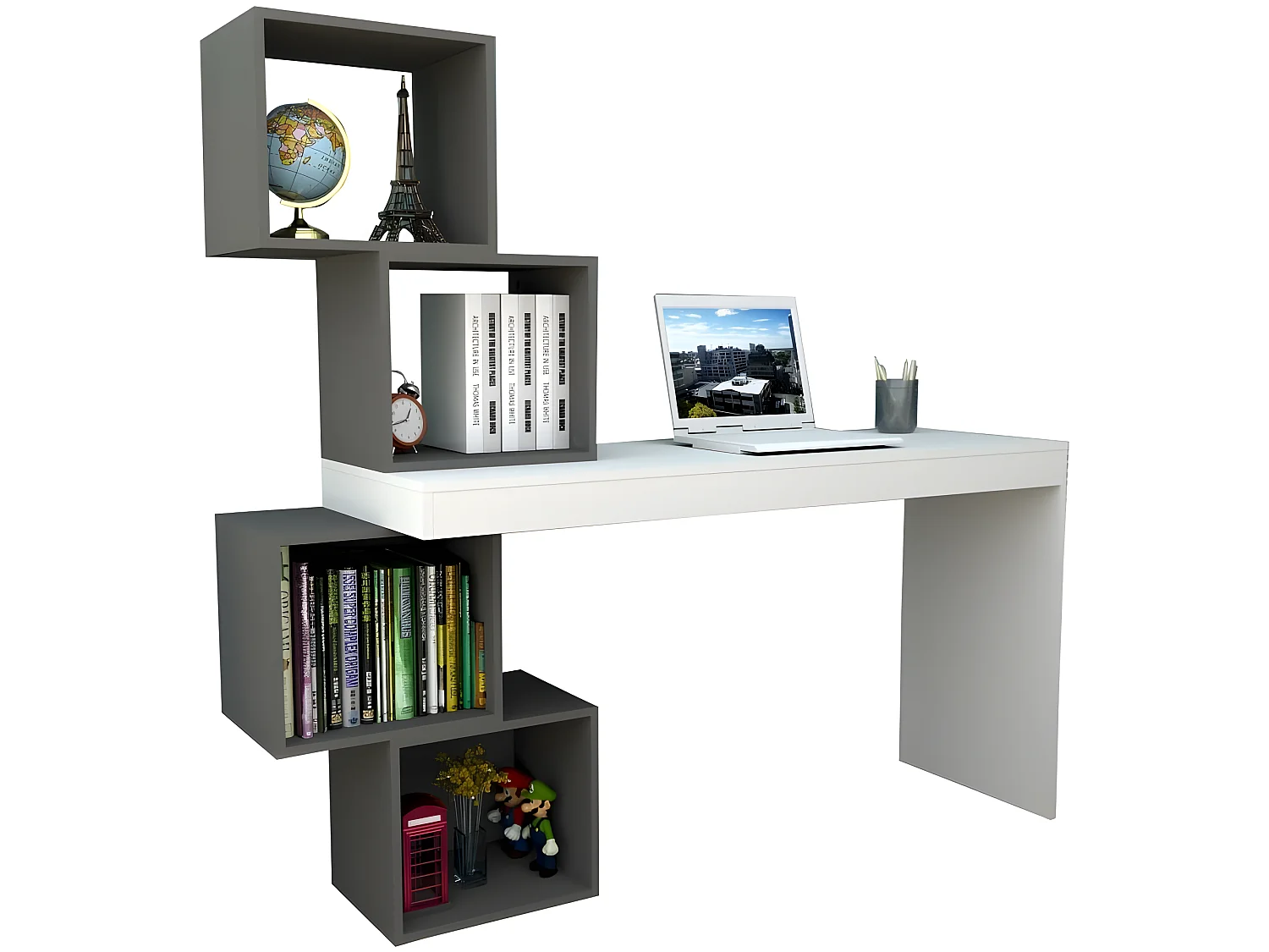 Bureau et 4 Cubes Blanc Gris