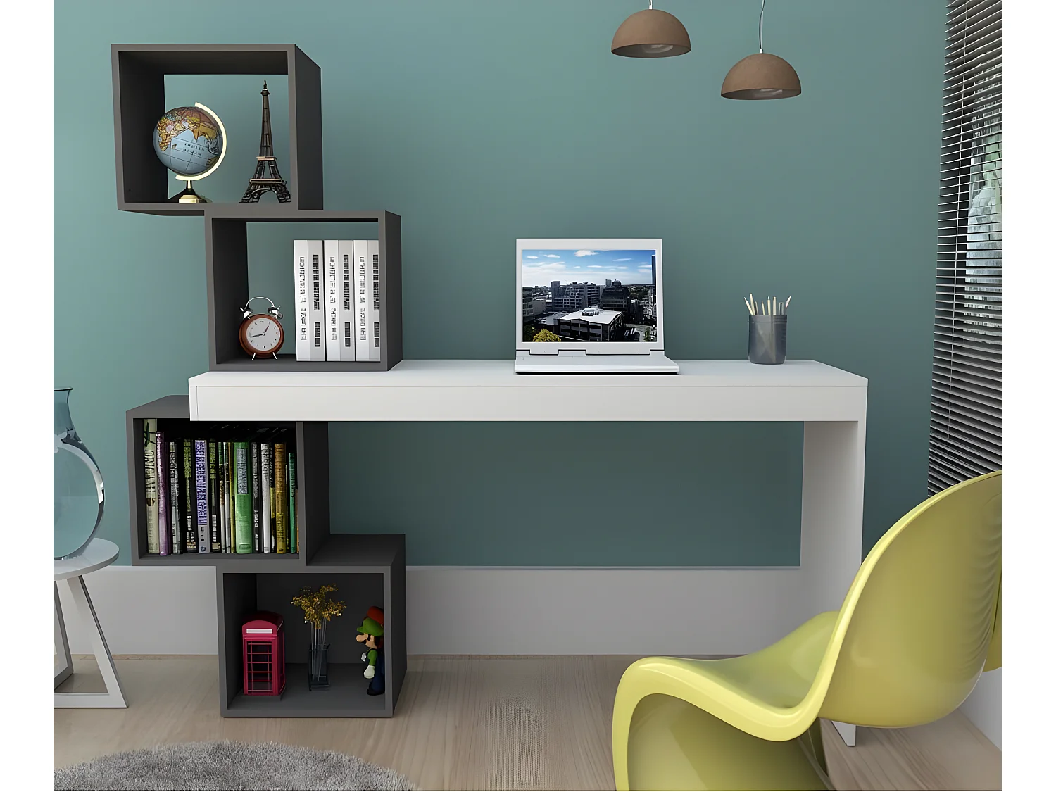 Bureau et 4 Cubes Blanc Gris