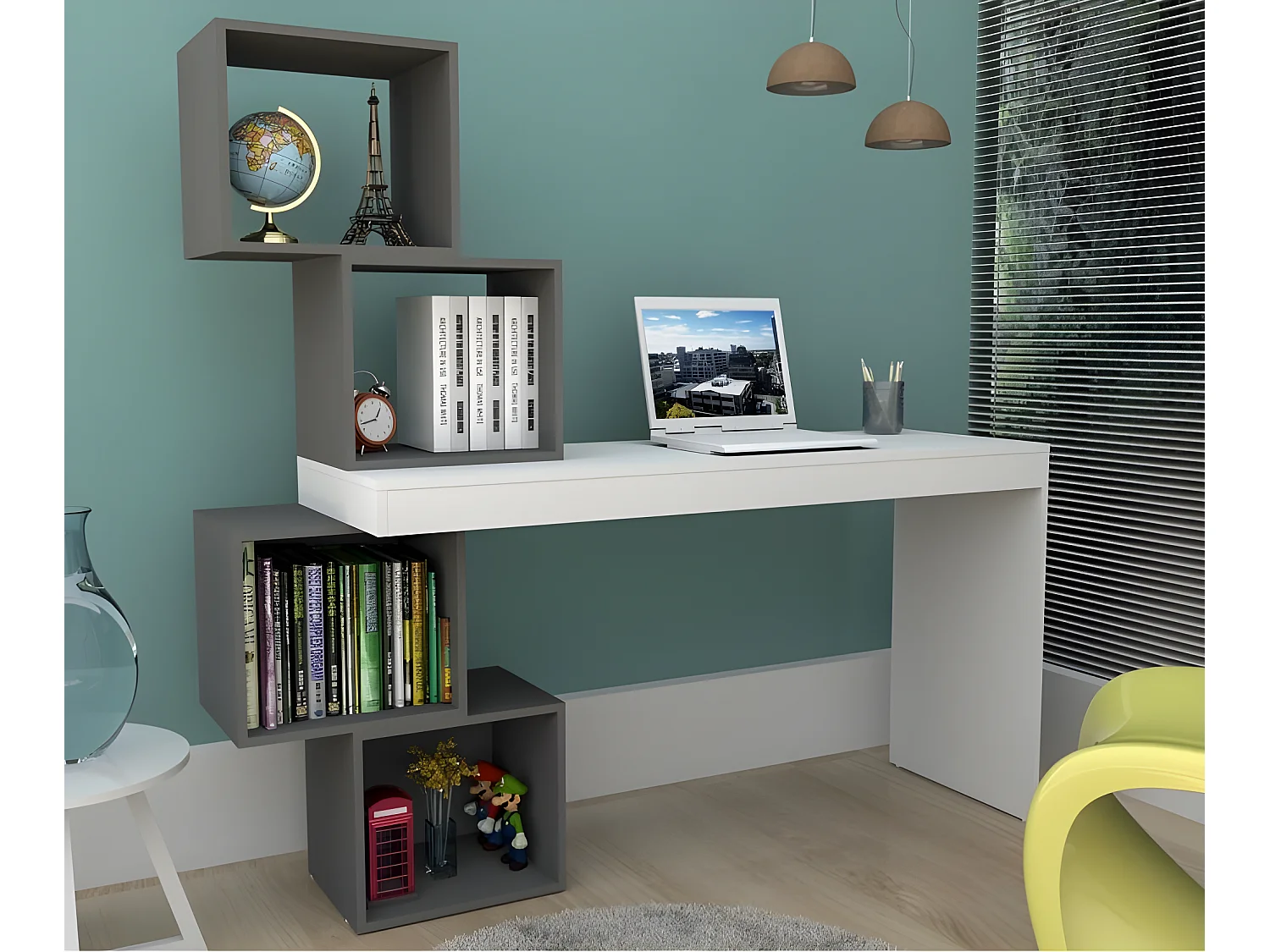 Bureau et 4 Cubes Blanc Gris