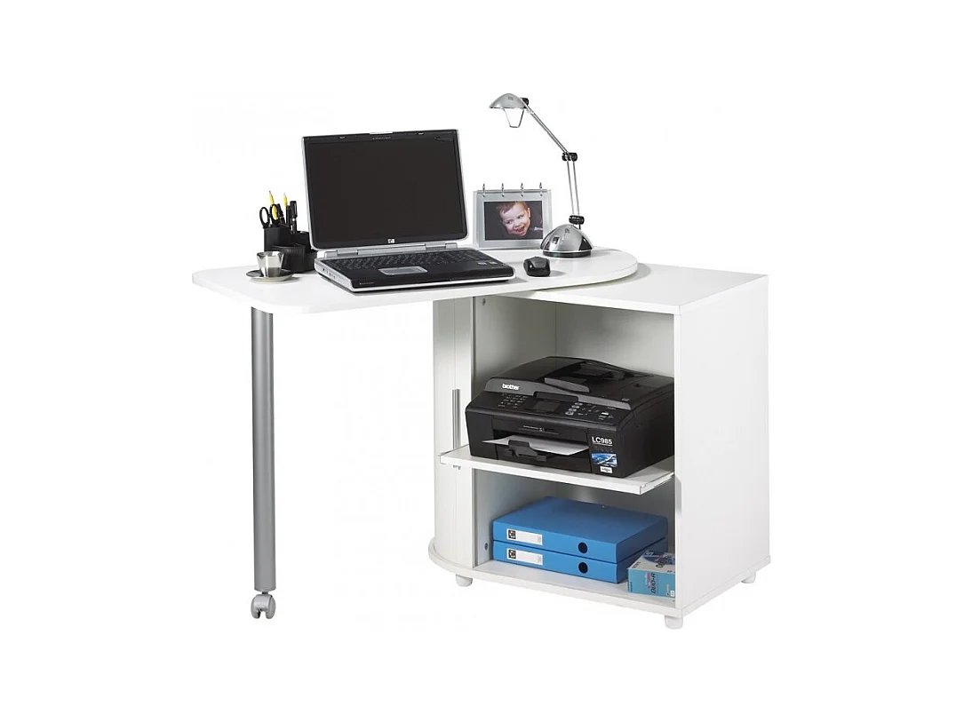 Bureau Informatique Blanc et Table Pivotante - Coloris: Blanc