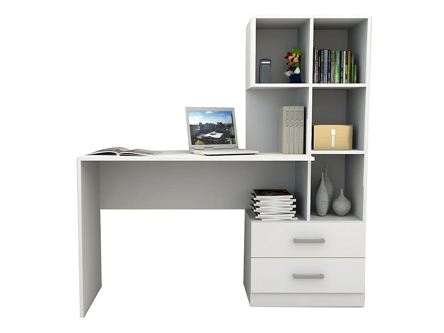 Bureau et Bibliothèque Intégrée 5 Niches Blancs