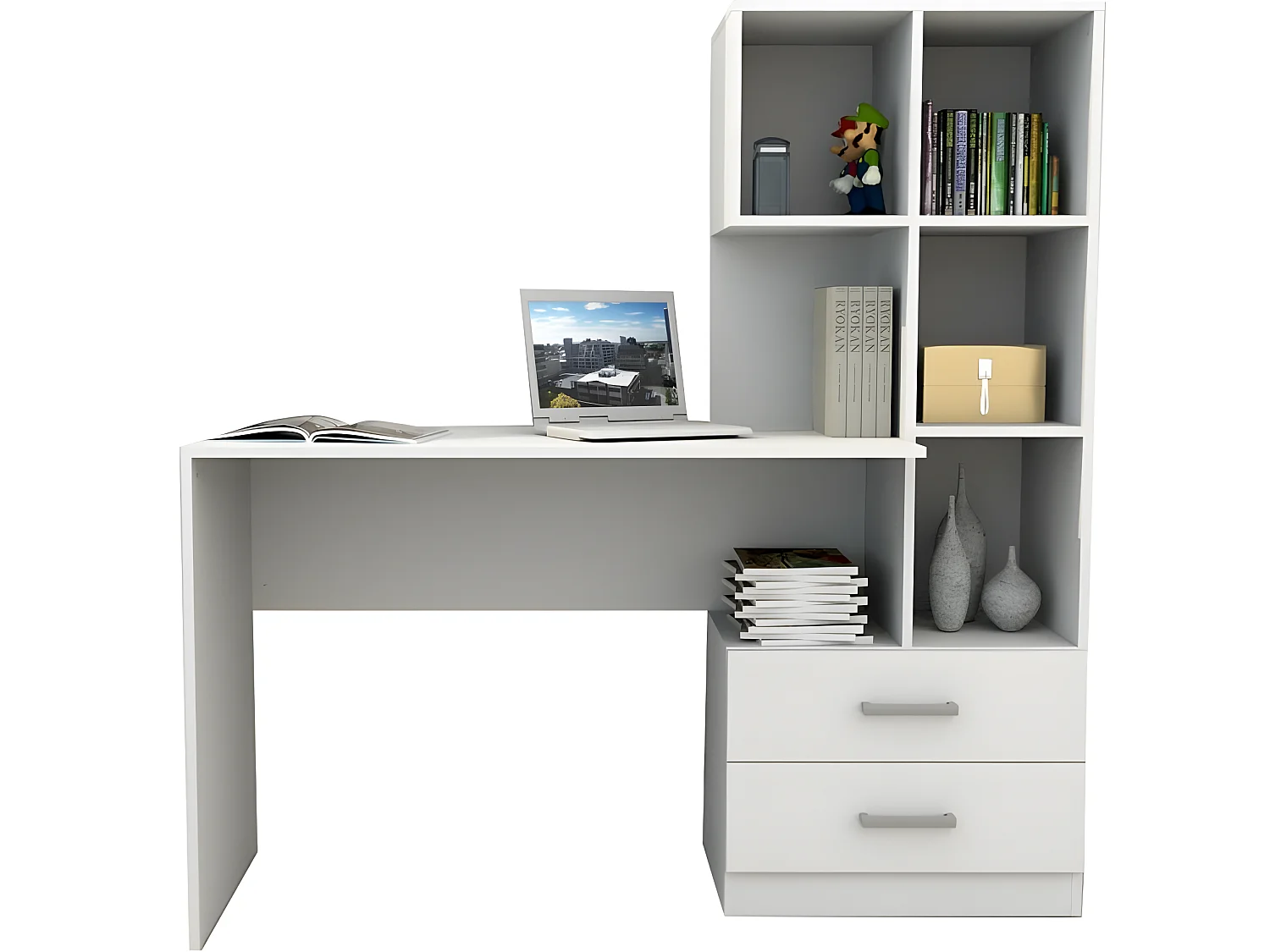 Bureau et Bibliothèque Intégrée 5 Niches Blancs