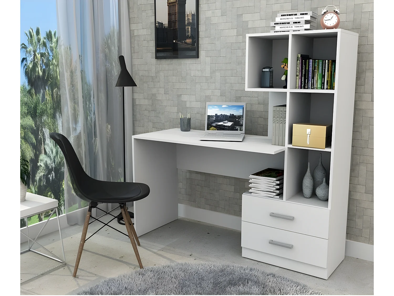 Bureau et Bibliothèque Intégrée 5 Niches Blancs