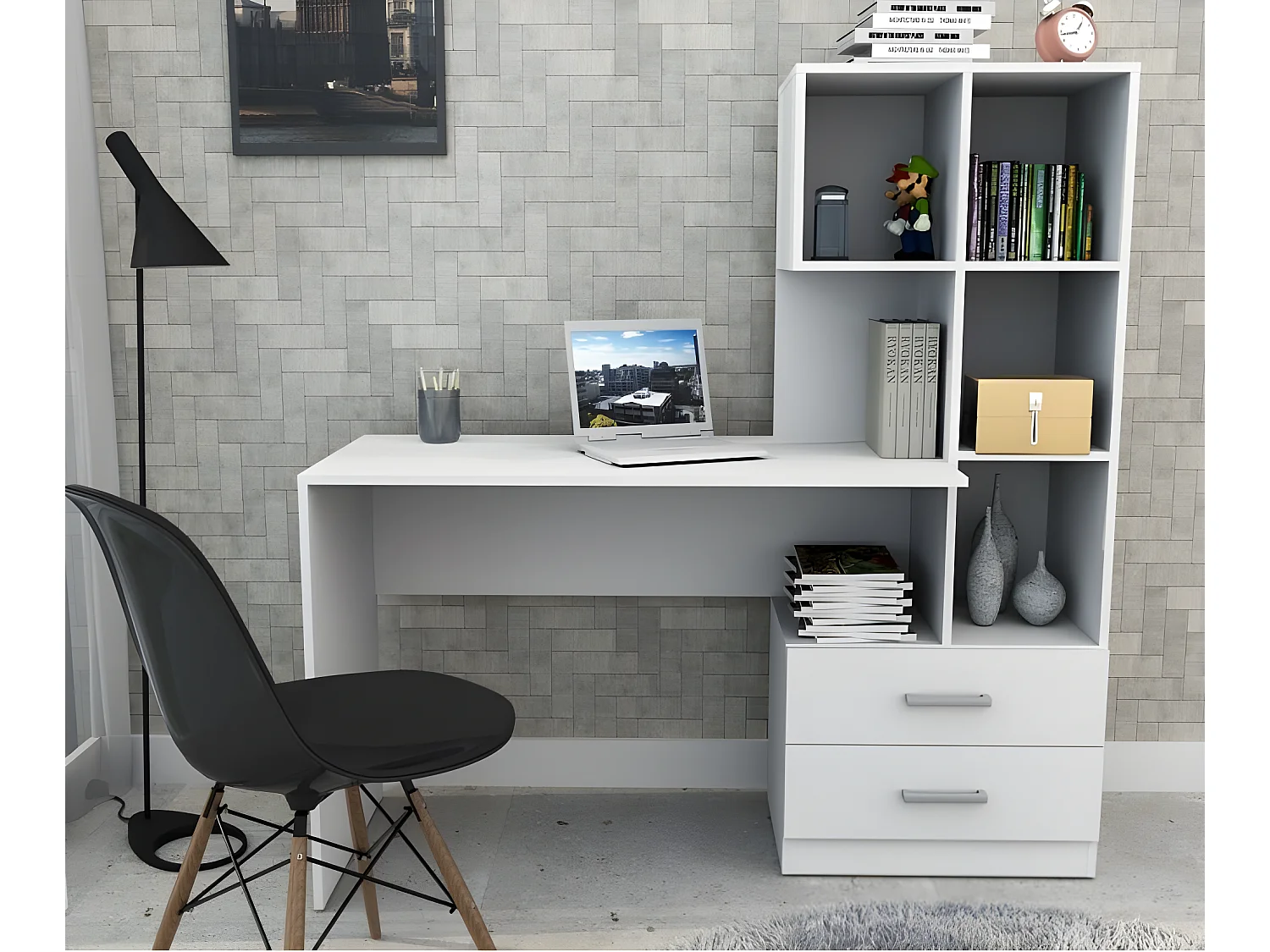 Bureau et Bibliothèque Intégrée 5 Niches Blancs