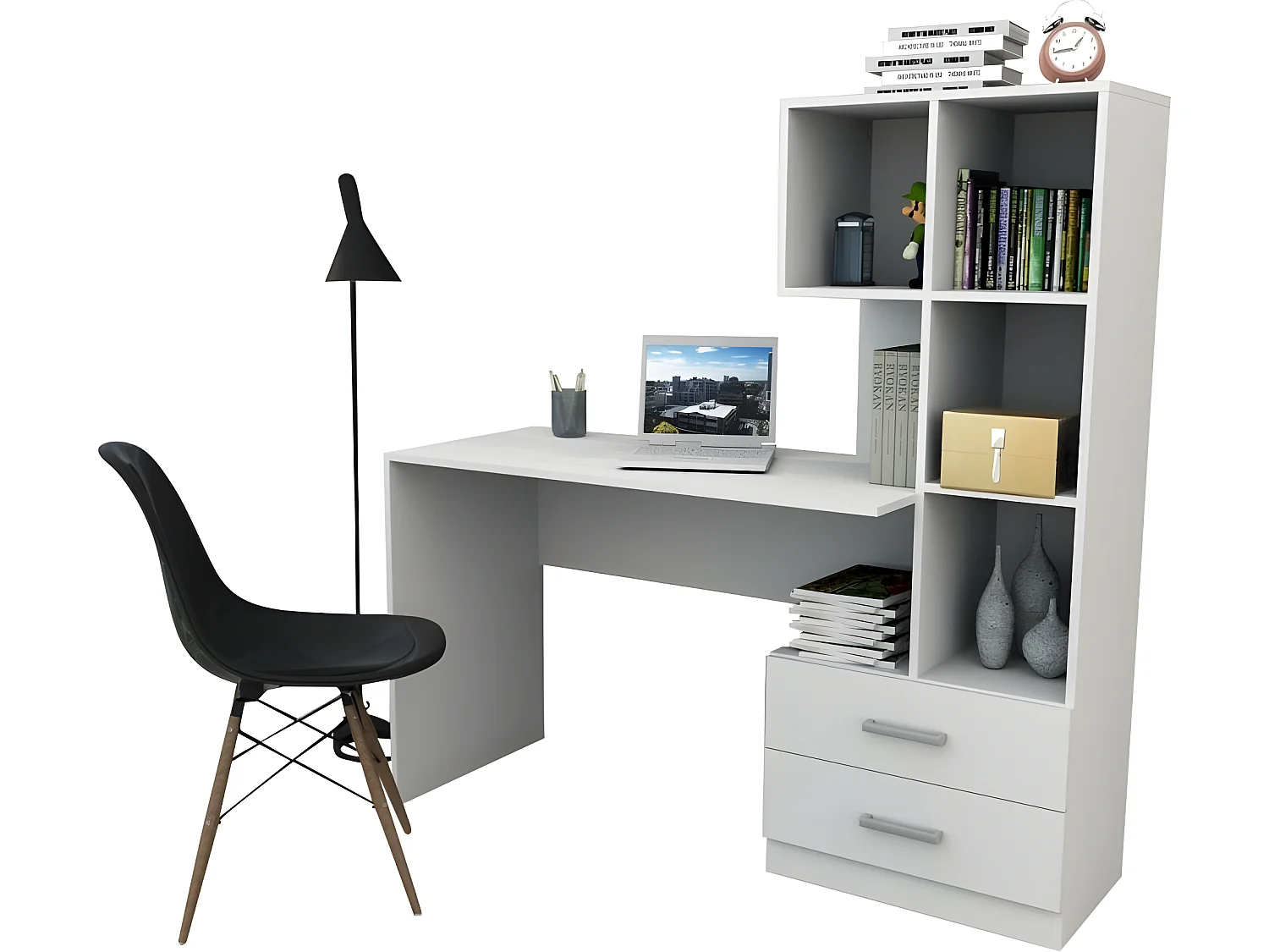 Bureau et Bibliothèque Intégrée 5 Niches Blancs