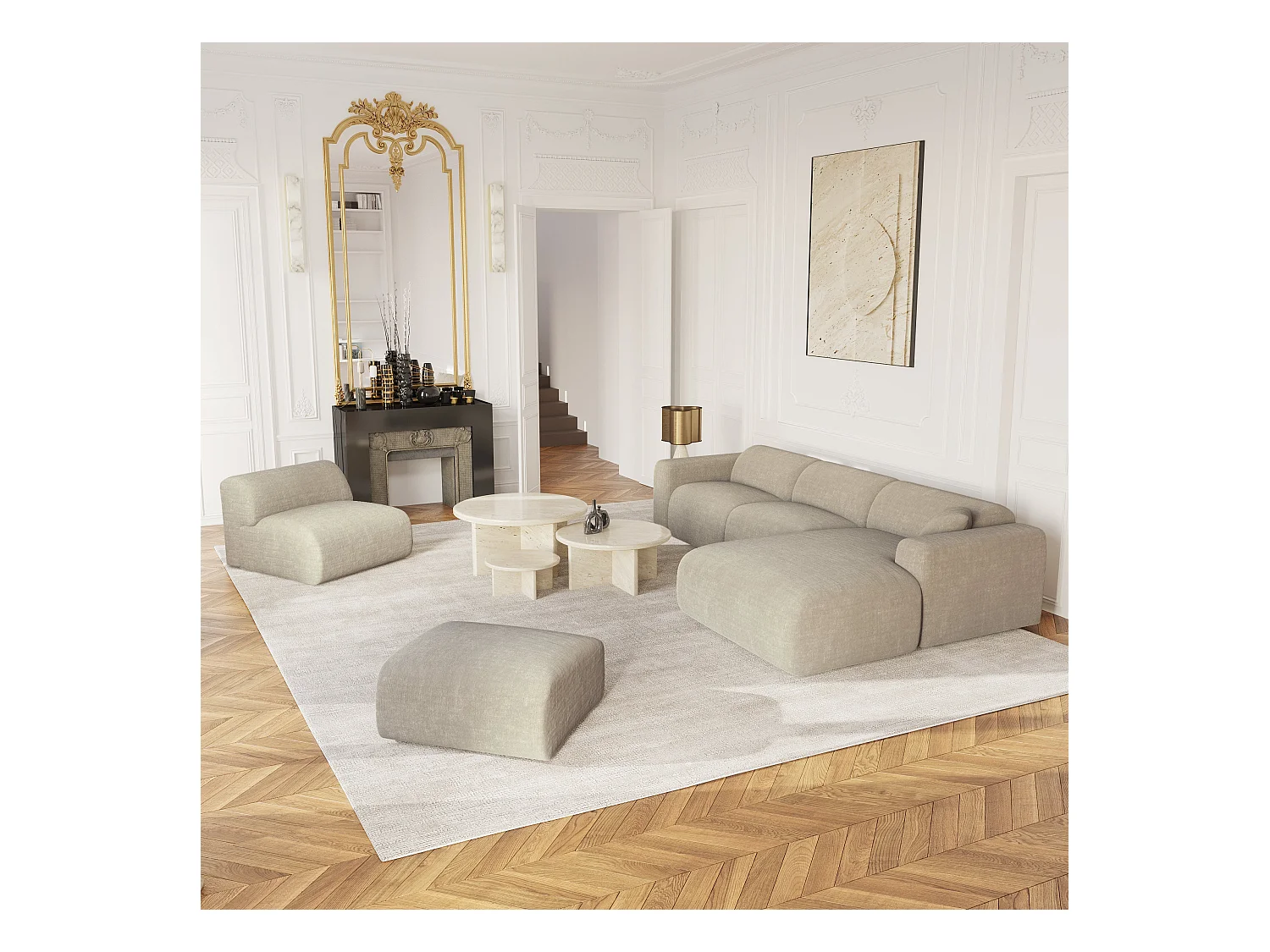 Canapé grand angle droit velours à motifs beige