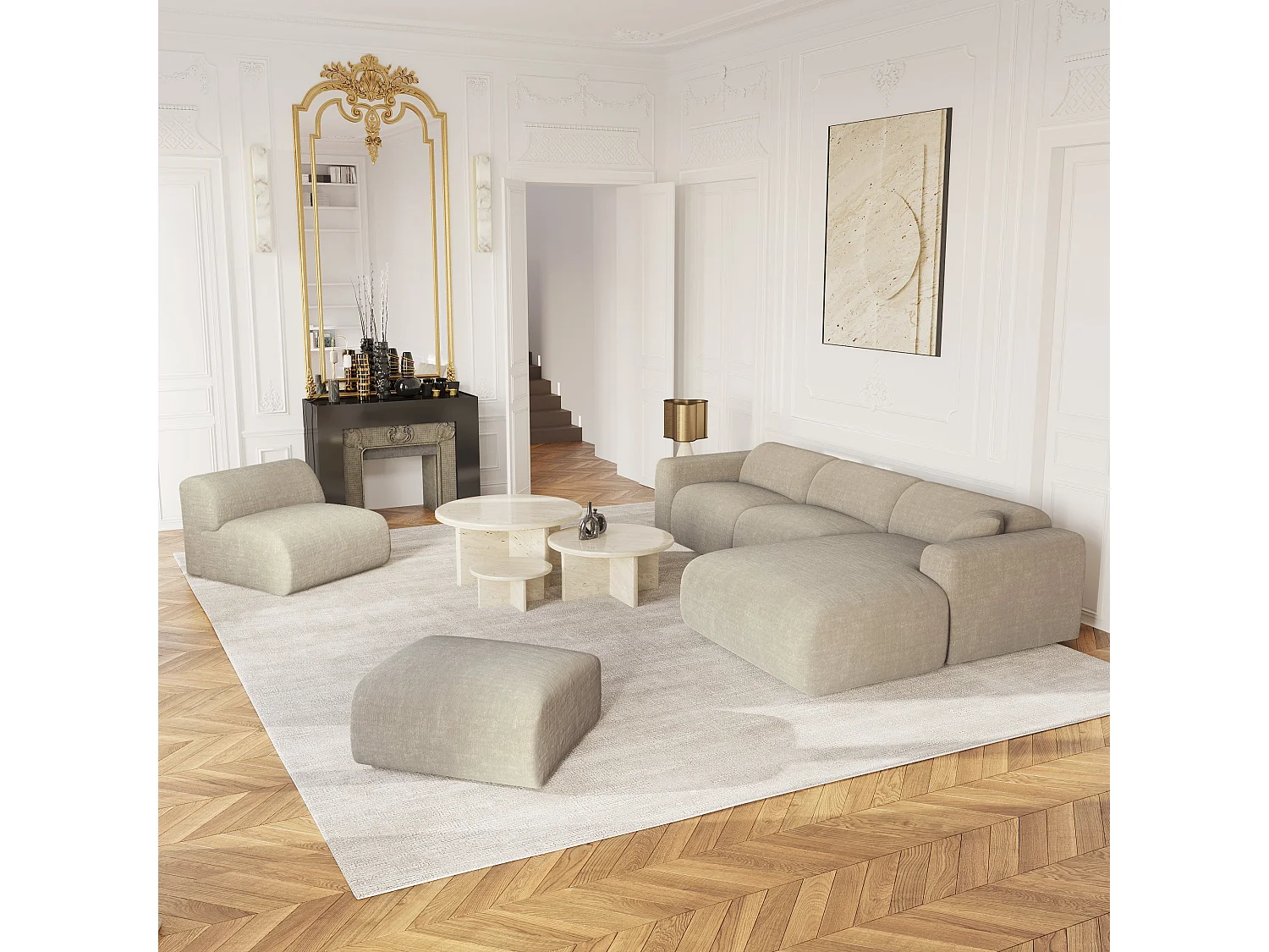 Canapé grand angle droit 5 places MYRA en velours texturé beige