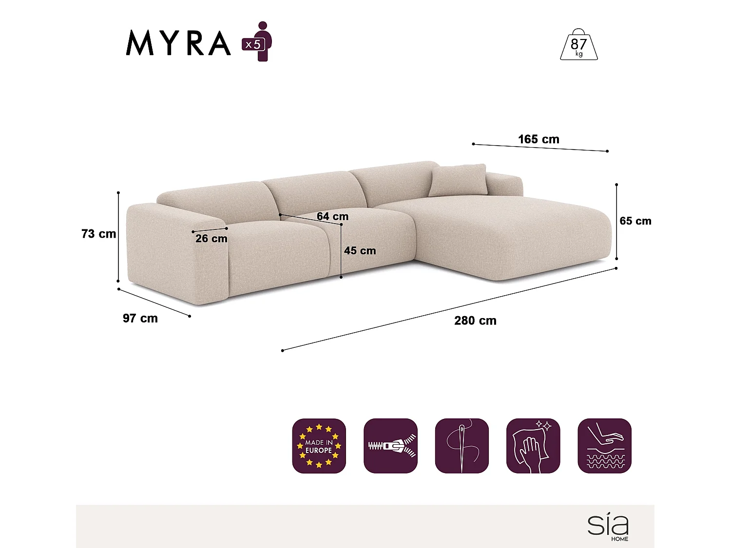 Canapé grand angle droit 5 places MYRA en velours texturé beige