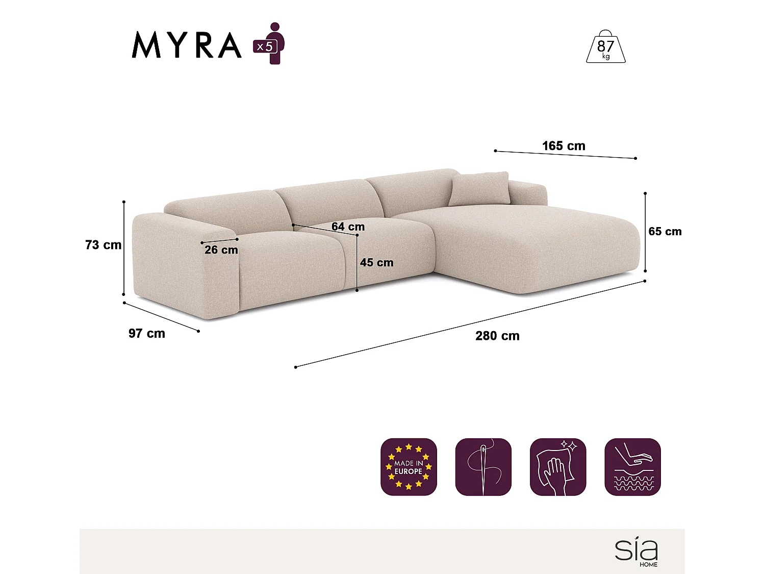 Canapé grand angle droit 5 places MYRA en velours texturé beige