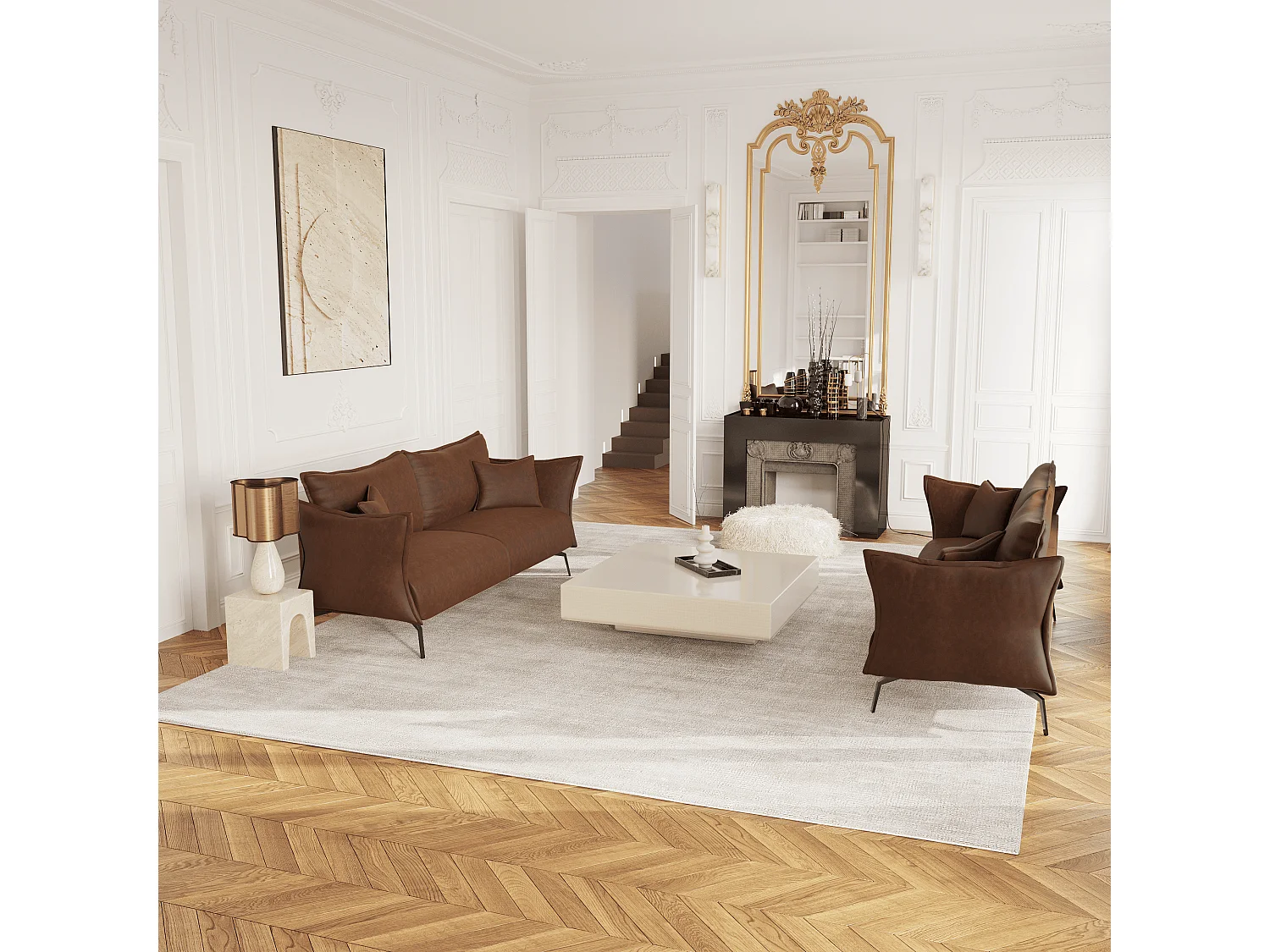 Canapé 3 places tissu effet cuir vintage cognac