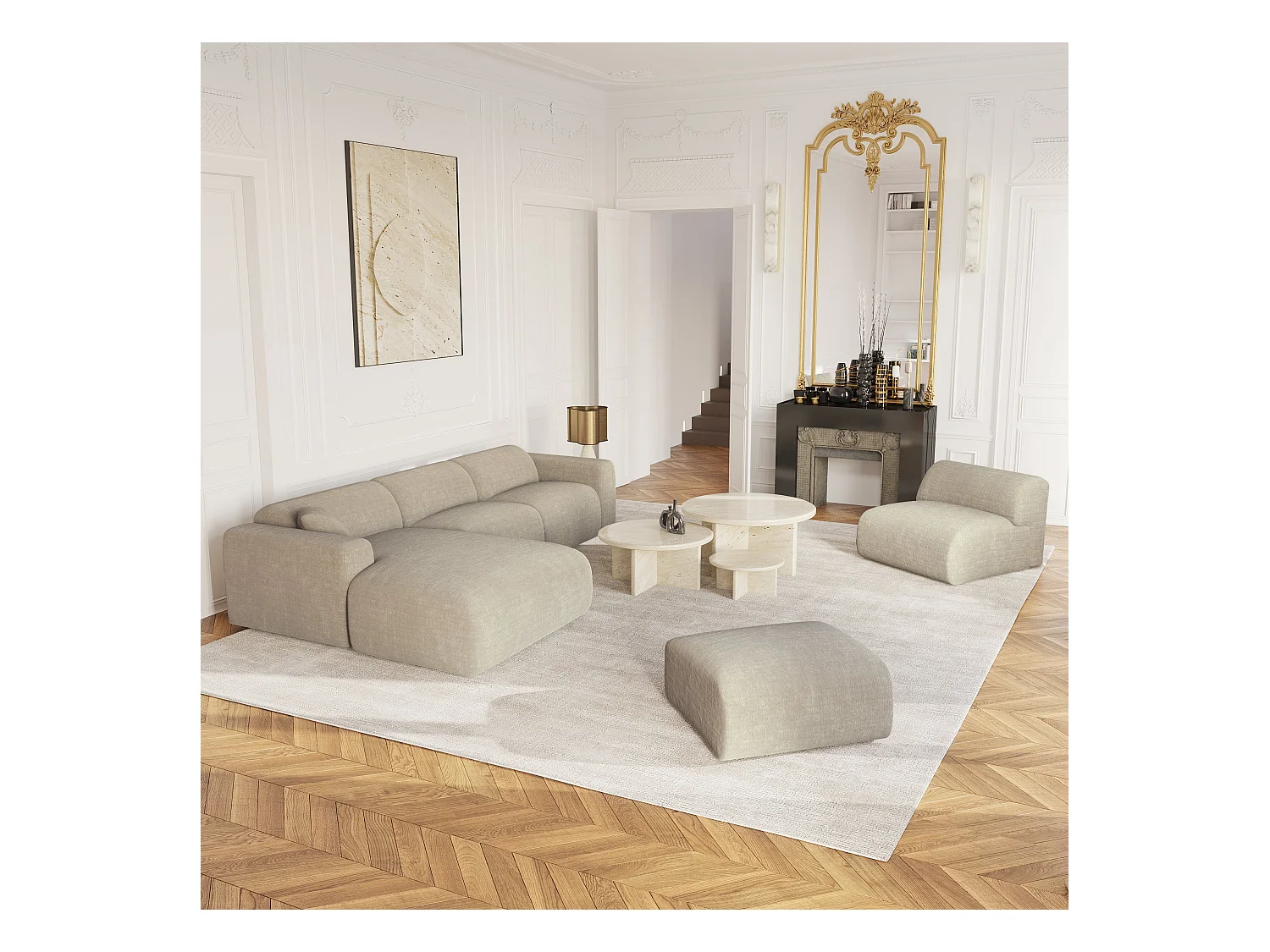 Canapé grand angle gauche velours à motifs beige MYRA