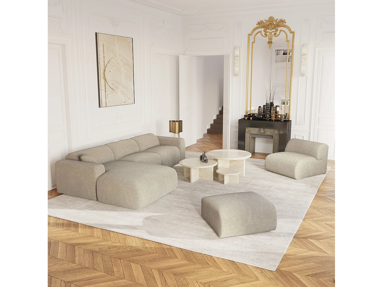 Canapé grand angle gauche velours à motifs beige MYRA