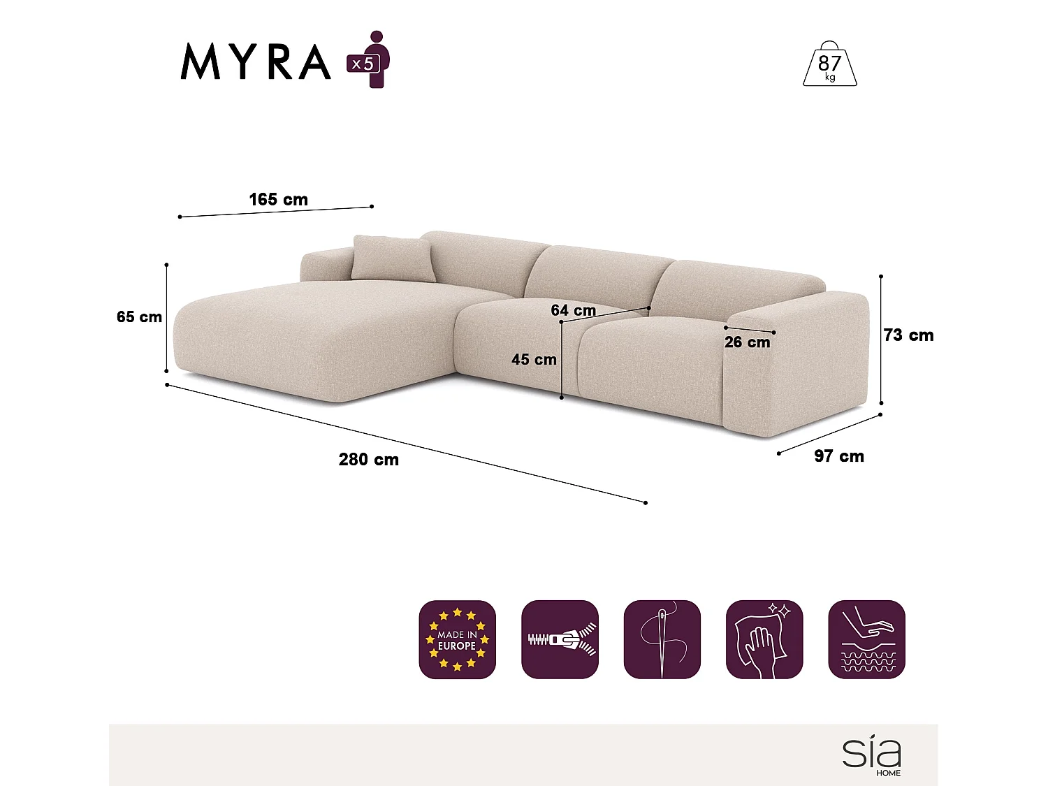 Canapé grand angle gauche 5 places MYRA en velours texturé beige