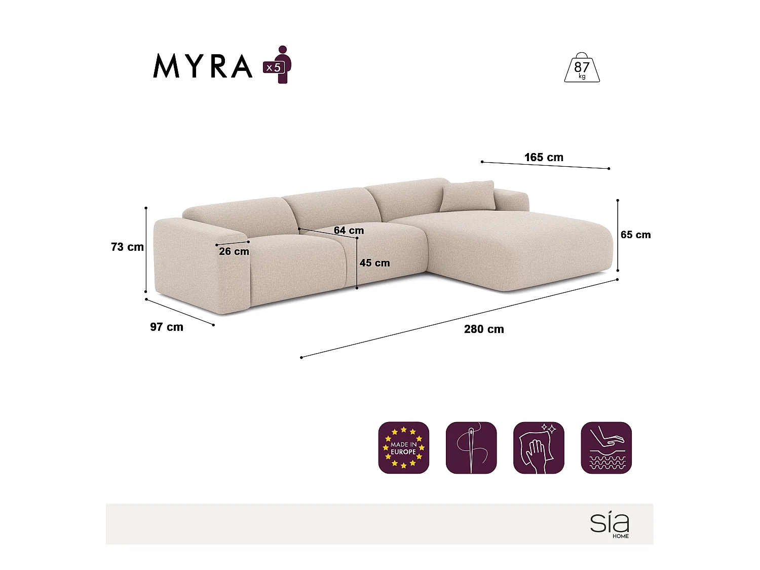 Canapé grand angle droit velours à motifs crème MYRA