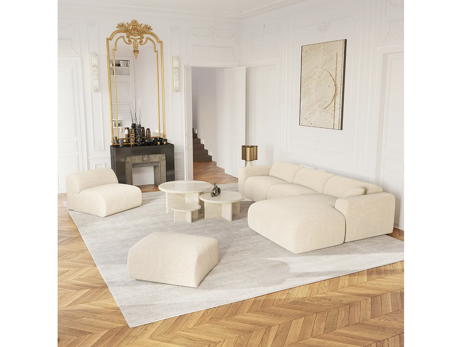 Canapé grand angle droit velours à motifs crème MYRA