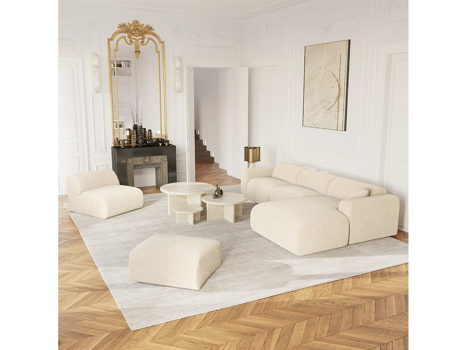 Canapé grand angle droit 5 places MYRA en velours texturé crème