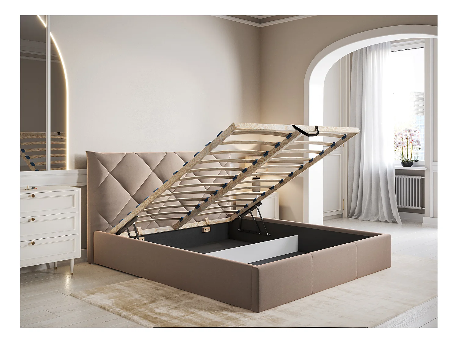 Bed met opbergruimte 160 x 200 cm - Velours - Beige + matras - STARI van Pascal Morabito