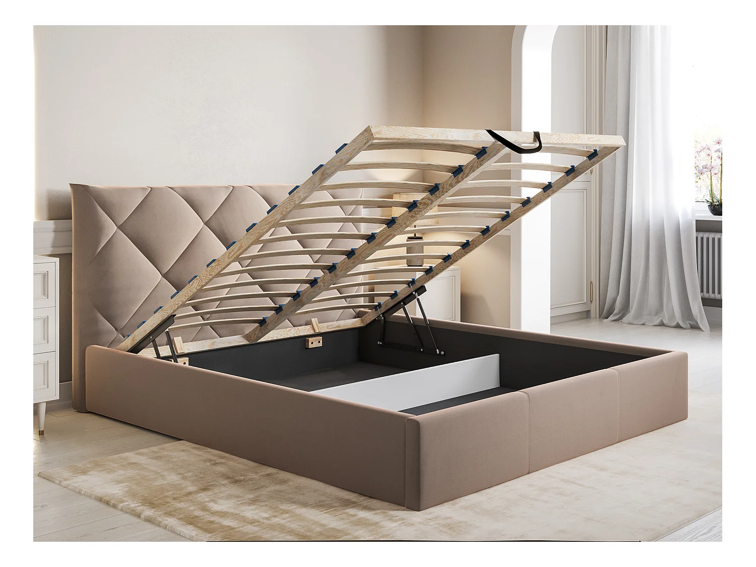 Bed met opbergruimte 160 x 200 cm - Velours - Beige + matras - STARI van Pascal Morabito