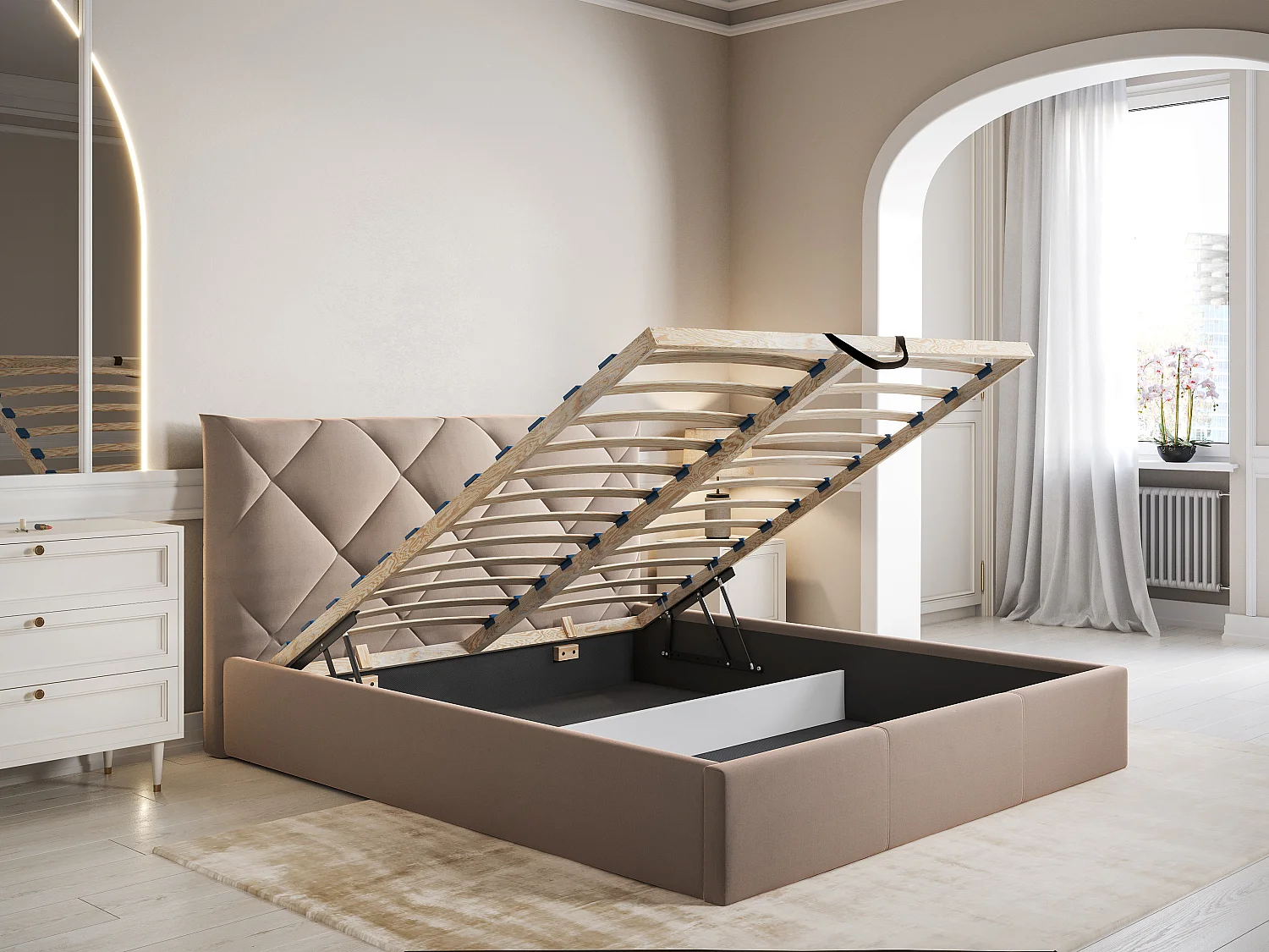 Lit coffre 160 x 200 cm - Velours - Beige + Matelas - STARI