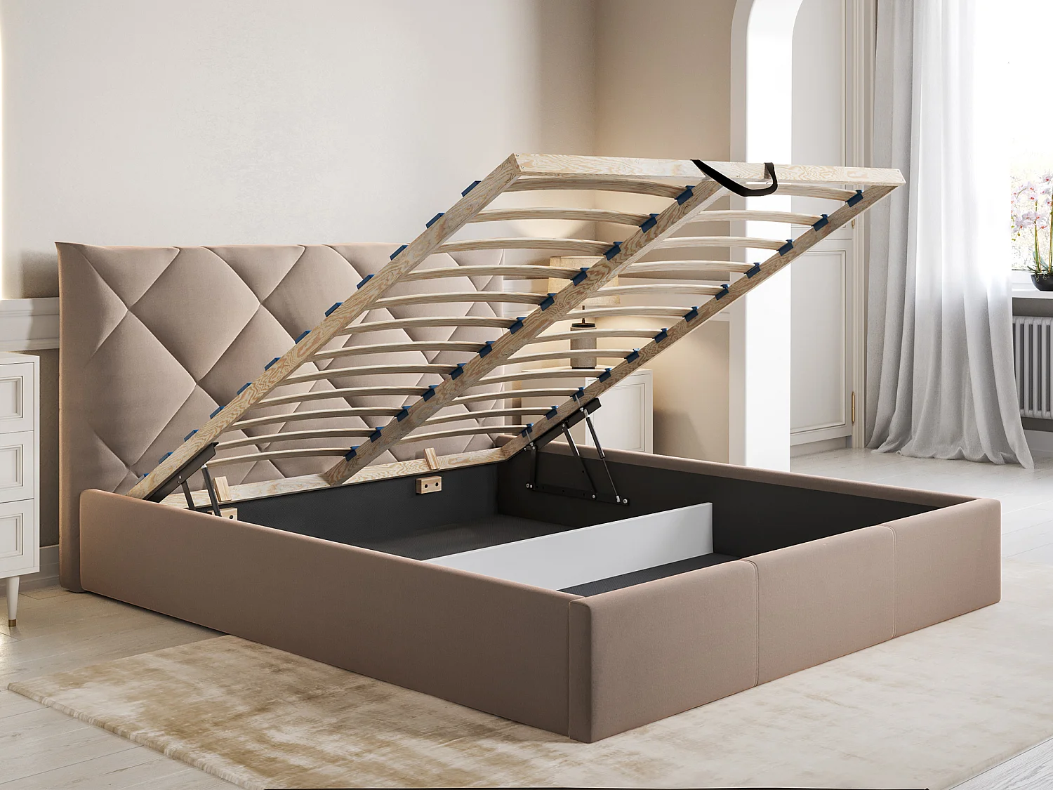 Lit coffre 160 x 200 cm - Velours - Beige + Matelas - STARI