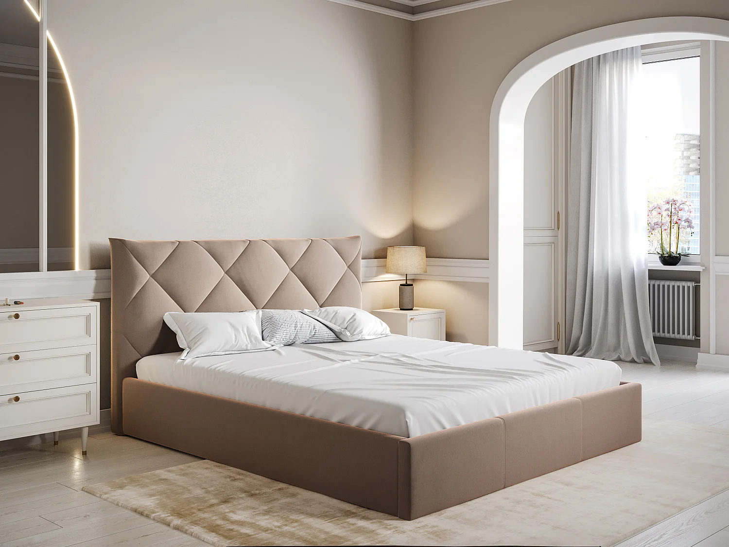 Lit coffre 160 x 200 cm - Velours - Beige + Matelas - STARI