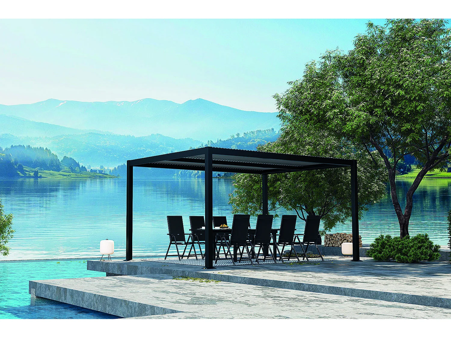 Pérgola Bioclimática 3x4 m Cinza MILOS Alumínio Lâminas Orientáveis - Fácil de Manter - Proteção Contra Chuva e Sol