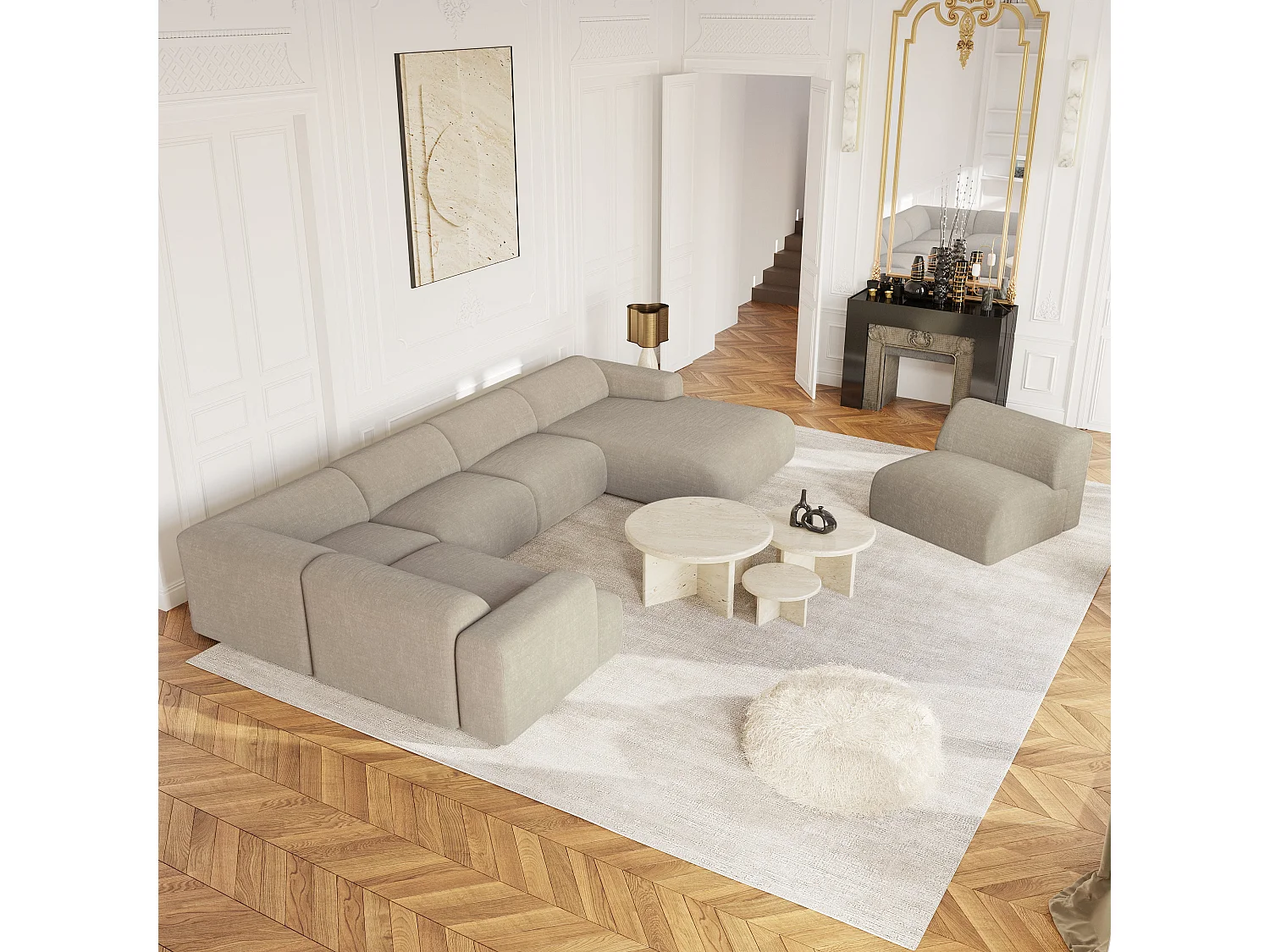 Canapé panoramique 7 places droit velours à motifs beige MYRA